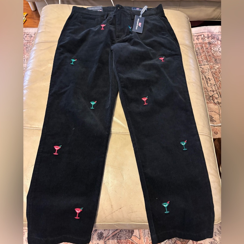 Vineyard Vines Pants Mens 36/32 Allover Martini Print Corduroy Stretch NWT Black